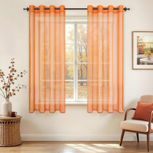 MRTREES Voile Gardinen mit Ösen Kurz 2er Set,H137 x B140 cm,Orange | Vorhang Transparent,Gardinen Kurz Fenster für Küche Wohnzimmer Schlafzimmer Kinderzimmer Mädchen,Natural Boho Style