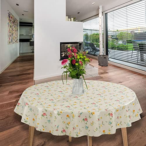 laro Wachstuch-Tischdecke Abwaschbar Garten-Tischdecke Wachstischdecke PVC Plastik-Tischdecken Eckig Meterware Wasserabweisend Abwischbar GAC, Muster:Blumen Rose Gelb Grün, Größe:140cm Rund