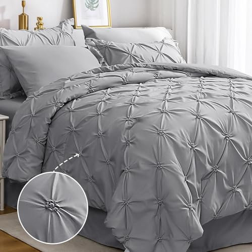 JOLLYVOGUE Pintuck Queen Size Bettdecken-Sets 8-teilig, graues Bett in Einer Tasche, Bettdecken-Set für Schlafzimmer, Bettrock, gerüschten Kissenbezügen und Kissenbezügen