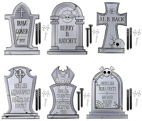3D-Grabsteine aus Metall, Halloween-Geisterfriedhof, 43,2 cm, komplettes Set mit 6 Pfählen - langlebig, rostfrei, UV-erhöhter Druck, werten Sie Ihr Spukhaus, Friedhof, Rasen-Dekoration - Keine