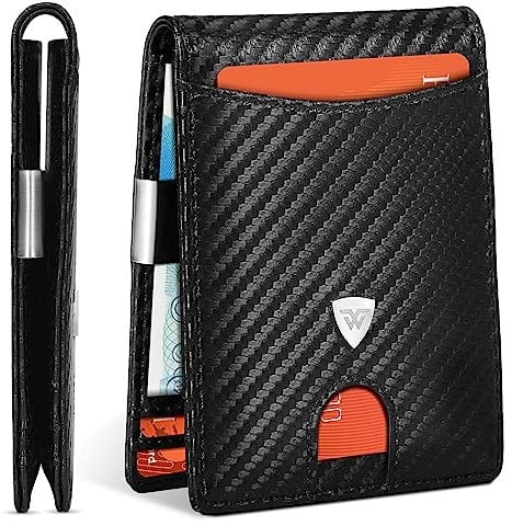 WONSEFOO Wallets Mens Slim RFID Blocking Carbon Fiber Leather for Men UK with up to 12 Credit Card Slots, Strong Money Clip, Minimalist Bi-Fold Gift Box - Black, 11.5 x 8.5 x 1.5 cm