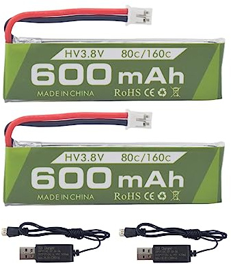 ZYGY 2PCS 1S 3.8V 80C 600mAh Lithiumbatterie mit JST PH-2.0 Stecker Stecker und USB Ladekabel für Cinehoop Tinyhawk Mini FPV Racing UAV RC Funkgesteuerte Flugzeuge