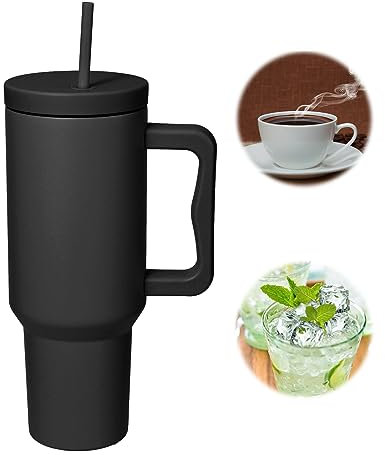 SNONRDO Gobelet isotherme de 1200 ml avec paille et poignée, Tasse isotherme de voyage en acier inoxydable 304, tasse à café, tient au chaud pendant 12 heures et glace pendant 24 heures (Noir)