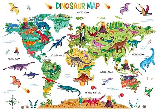 DECOWALL SG2-2312 Groß Dinosaurier Weltkarte Wandtattoo Dino Trex Wandsticker Wandaufkleber für Junge Jungenzimmer Kinder Kinderzimmer Schlafzimmer Wanddeko Babyzimmer Wohnzimmer