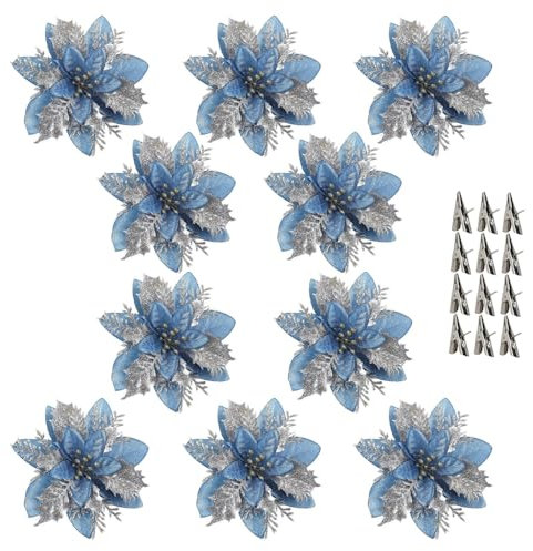 Adorno para árbol de Navidad, flores de Pascua con purpurina, grande, 15 cm, flores de Navidad, flor de pascua con purpurina, colgante para árbol de Navidad, color azul