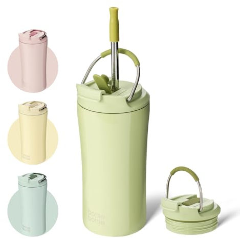 Bottle Bottle Insulated Travel Mug with Straw and Dual-use Lid Thermal Metal Coffee Cup 350ML(12oz) Stainless Steel Coffee Flask Tumbler with Handle Kids Water Bottles(Avocado Green)
