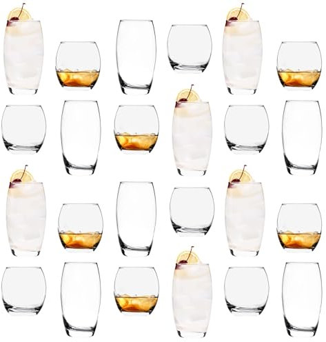 Argon Tableware 24 Piece Glassware Set - 405ml & 510ml - Tondo Collection - Whiskey Drinking Tumbler Cups Glasses Dishwasher Safe Large Highball Glass Modern Water Hiball Glasses
