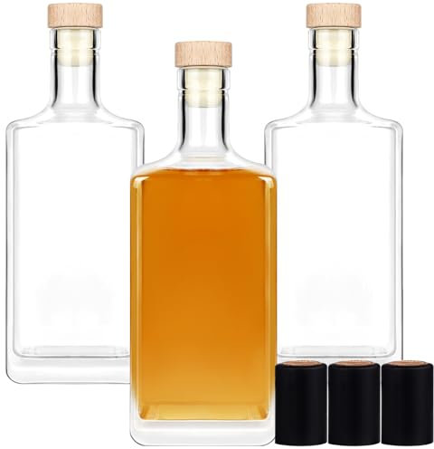 Liengoron Glasflaschen mit Deckel, 500 ml, transparent, leere Flaschen mit Korken, quadratische Glasflasche mit Deckel, für Likör, Wodka, Brandy, Whiskey, Bier, Wasser, Soda, 3 Stück