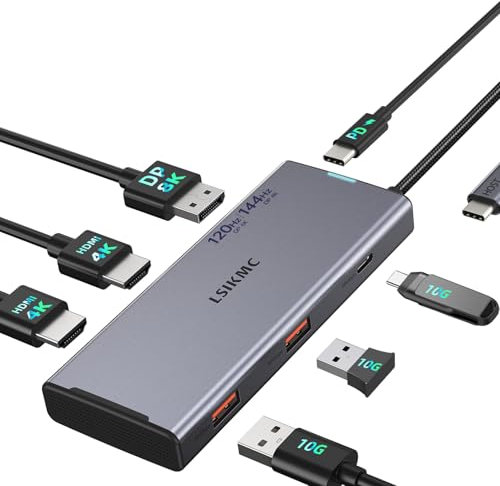 Triple Monitor Docking Station - 7-in-1 USB-C Laptop Dock with DP 4K@144Hz/ 8K@30Hz, Dual HDMI 4K@60Hz, 10Gbps USB A/C, 100W PD for Windows/Mac