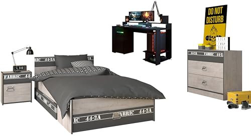 Jugendzimmer Fabric 21 mit Gamertisch 5 teiliges komplett Gaming Zimmer in Esche - Grau von Parisot mit Kommode, Nachttisch, Bett