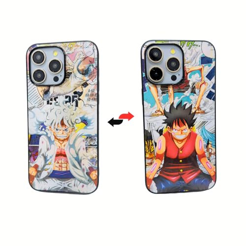 Takeshii Anime Case for iPhone 13 14 15 Pro Max Luffy Gear 5 Manga One Piece Straw hat Case Military Grade Shockproof Protection Scratch-Resistant Cover 2 Design in 1 Multi-View Mugiwara TPU