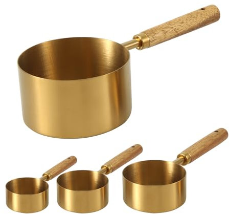PEUTIER 4pcs Pelle à Nourriture pour Chien, 4 Tailles et Capacité Tasse à Mesurer pour Nourriture pour Animaux avec Manche en Bois Tasse à Mesurer en Acier Inoxydable Avable au Lave-Vaisselle (Or)