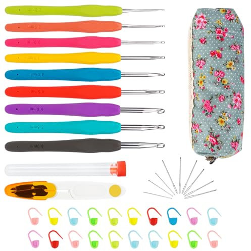 TNOMSNO Häkelnadel Set, 9 Stück Bunte Häkelnadel 2,0 mm–6,0 mm, Ergonomische Stricknadeln und Soft Gummi Comfort Grip Häkelset, Häkelnadeln Perfekt Für Anfänger Und Erfahrene Häkelliebhaber