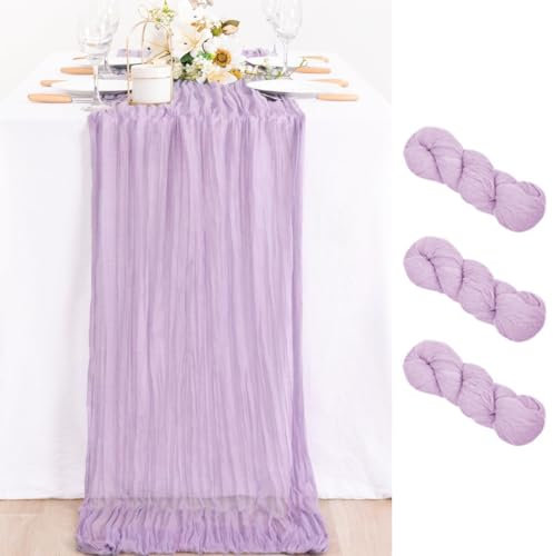 MLMC Confezione da 3 runner da tavola viola lilla da 3 m, in garza, decorazione estiva rustica, decorazione autunnale, 89 x 305 cm, per addio al nubilato, baby shower, compleanno, matrimonio