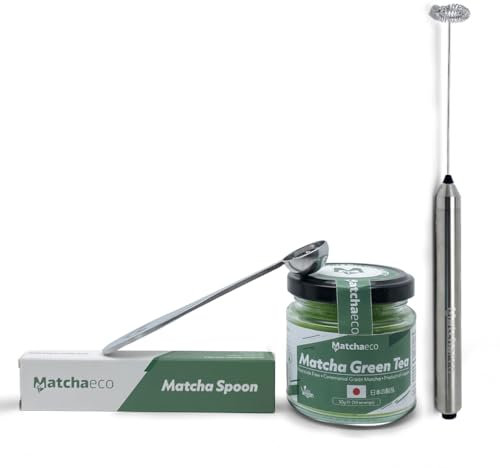 Matchaeco Modern Matcha Tea Starter Set | Includes 50g Matchaeco Ceremonial Grade Matcha Jar, Electric Whisk, Spoon | Matcha Gift Pack Tea Accessories