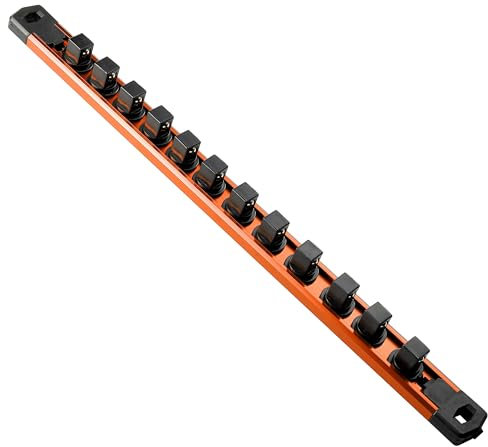 Reniteco Magnetic Socket Organizer, 1-Piece Heavty Duty Aluminum Socket Holder, Socket Rail for Tool Box, Premium Quality 360° Swivel Socket Rack with 12 Clips for 1/2-Inch(Orange)