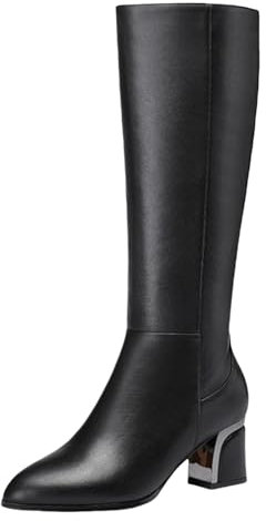 Botas Altas Hasta la Rodilla Para Mujer, Tacón Grueso Negro Sólido, Cremallera Lateral, Punta Redonda, Tacones de Bloque