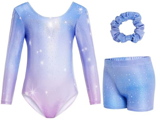 Gogokids Body da ginnastica per ragazze, a maniche lunghe, con strass, per bambini, con pantaloncini da ballo, A-viola Gradiente, 6-7 anni