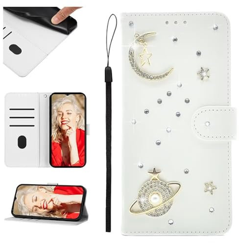SEHEYA Hülle kompatibel mit Samsung Galaxy A52 5G / 4G / A52S 5G Klapphülle Weiß PU Leder Glitzer Planet Stern Universum Diamant Strass Bling Handyhülle Magnet Verschluss Tasche Schutzhülle Etui