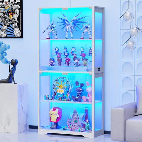 BROTTAR Display Cabinets with Glass Doors & 3 Color Lights, 4 Tier Curio & Bookcase Storage Cabinet for Living Room, Glass Display Cabinet for Collectibles, Trophy, Books, White