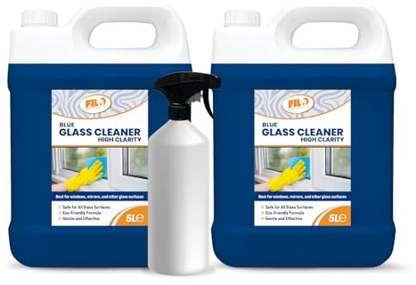 FILO Blue Glass Cleaner Spray 2x5L with Trigger Bottle – Professional Window Cleaner Spray – Streak-Free Liquid for Mirrors & Shower Glass – Bulk Refill Kit for Crystal Clear Windows