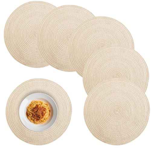 DENUOTOP 6er Set Platzset Rund, Tischsets Platzsets Abwaschbar, Boho Geflochten Hitzebeständig Placemat (Beige, 38cm)