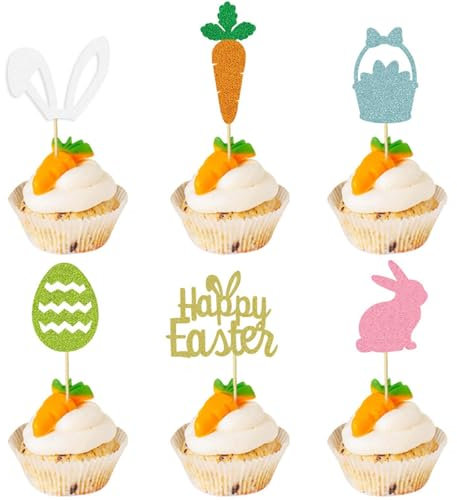 cupcake topper ostern, 24pcs cupcake topper hase, tortendeko ostern, kuchen topper hase, tortendeko kaninchen, cake topper hase, torten topper hase, Süße torten-Dekorationen für Ostern(D)