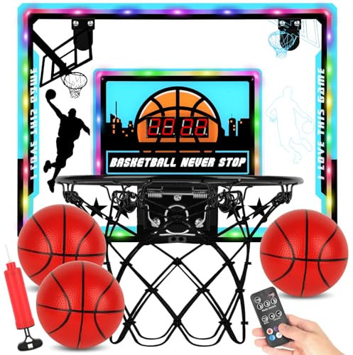 Mini Panier de Basket par-Dessus la Porte, 3 Modes Panier Basket avec 3 Ballons, Tableau D'affichage, Éclairage LED, Sons D'encouragement, Télécommande, Jeu Interactif pour Enfants Adultes Intérieur