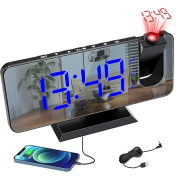 Despertador de proyección, Reloj Despertador Digital con Proyector con Temperatura y Fecha Pantalla Grande 4 Niveles de Brillo Modo Nocturno 12/24H,Puerto de Carga USB,Doble Alarma, Radio FM