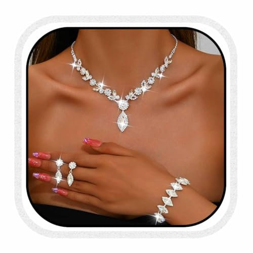 Fashband Silberne Braut-Halskette mit Quasten und Ohrringen, Schmuck-Set für Braut, Hochzeit, Strass, Abschlussball-Halsketten für Frauen (S-3)