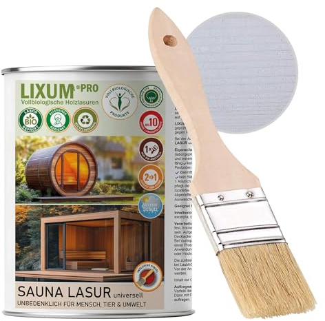 LIXUM PRO 100% biologische & natürliche BIO Sauna & Fasssauna Holzlasur - Holzschutz & Holzpflege, Farbe: Vintage Weiß 0.01, Inhalt:1000 ml (ca.30m²)