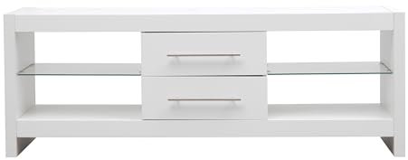 MMT White TV Stand Cabinet LED Lights, 2 Glass Shelves 2 Drawers, 140cm Long White Gloss TV Unit for Living Room, for Up to 65 TV, Modern Living Room Furniture