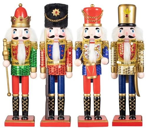 KI Store 4pcs Christmas Nutcracker Soldier Figurines 30cm Wooden Nutcracker Soldier for Christmas Tree Decorations Xmas Display Collection