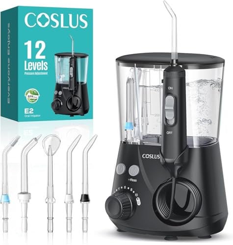 COSLUS Munddusche Elektrische Professional Zähne: 2 Modi & 12 Druckstufen – 600ml Wassertank Zahndusche für Familien Oral Health Enthusiasten/Orthodontie-Patienten –Haushalt & Bad mit 5 Düsen– Schwarz
