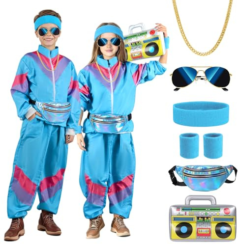 BITOYO Disfraces Años 80 para Niñas Niños, Disfraz Chándal años 80 con Chaqueta Pantalón Riñonera Gafas Piloto Diadema Muñequeras, Collar y Radio Hinchable Años 80 Para Carnaval y Fiesta Temática