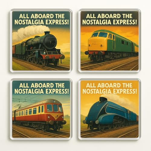 Acrylic Coaster Gift Set of 4 with Vintage Railway Design - Nostalgia Express Decor for Train Enthusiast Grandad's Home