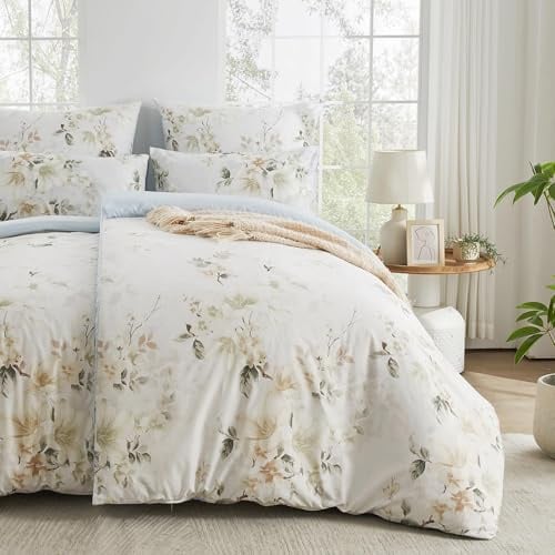 Qucover Bettwäsche 135x200 4teilig Weiß,Blumen Bettwäsche Sets mit 2 Kissenbezüge 80x80cm,Bettbezug Landhausstil mit Blätter Pflanzen (Weiße Blumen, 135 x 200 cm)