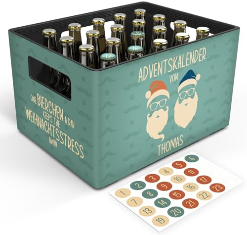 GRAVURZEILE Bierkasten-Banderole - Adventskalender - Cool Santa V2 - Personalisiert mit Name - Geschenkidee für Männer zu Weihanchten - Inkl. 24 Flaschendeckel-Aufkleber - Passend für 20er Bierkasten