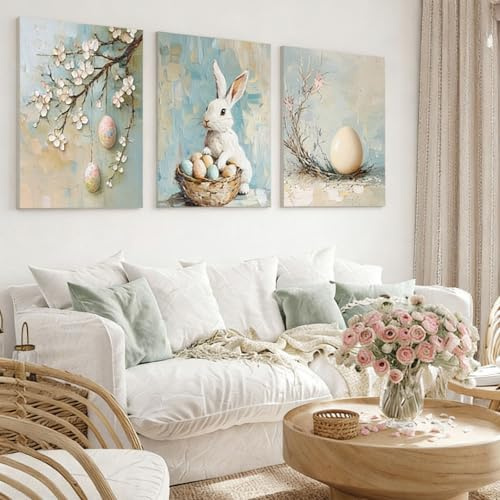 Xiyocadt 3er Poster Oster Set, Osterhase,Eiern Wandbilder Set Poster & Kunstdrucke,Ostereier Bilder Leinwand Bild Wandkunst,Bilder frühling Modern Leinwandbild Abstrakt Bilder Ohne Rahmen (21 * 30cm)