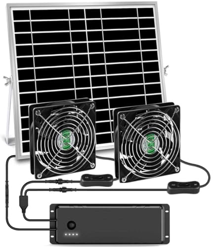 erifyng Ventilatore a energia solare con batteria, ventilatore solare ricaricabile per pollaio, serra, capannone, esterno con due ventole di aspirazione di scarico impermeabili IPX7 da 5 m con cavo