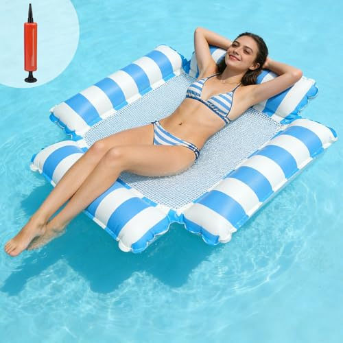 TENGWA Hamac Piscine 4 en 1 Bouee Adulte XL Matelas Piscine Filet Bleu Clair Hamac Gonflable avec Filet et Pompe à Air Matelas Gonflable Plage Pliable pour Adultes et Enfants et Plage