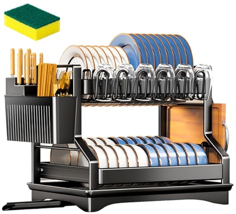 JOTOL Escurreplatos Acero Inoxidable,Escurridor de Platos,Ahorra Espacio,Escurridor de Platos de Acero Inoxidable,Escurreplatos Cocina con Cesta de Cubiertos,Negro