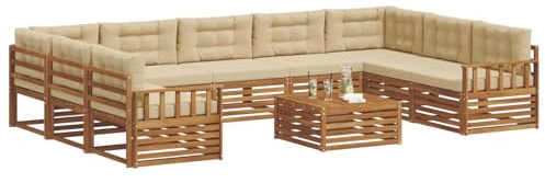 vidaXL Sofagarnituren 10 pcs Natur und Beige Massivholz Akazie, Moderner Garten-Sofa, Outdoor-Sitzgruppe, Lounge-Set für die Terrasse, bequem und robust