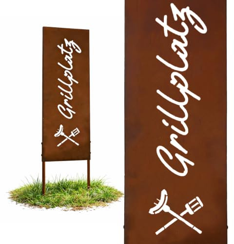 Relaxdays Edelrost Gartendeko, Grillplatz, HB: 85 x 28 cm, Gartenstecker wetterfest, rustikal, zum Stecken, Eisen braun