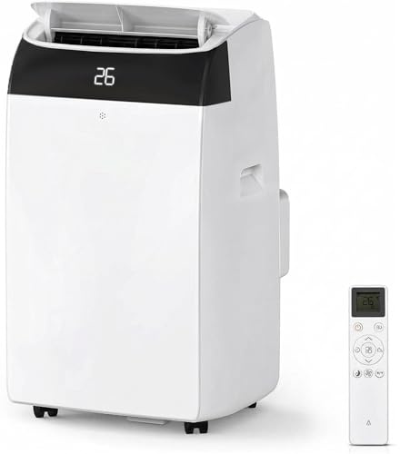 Aire acondicionado portátil 10000 BTU 3,1 kW(con mando a distancia), bajo consumo energético, pantalla LED, 4 modos, 2 velocidades de ventilador, cubre 28 m², temporizador de 24 horas, Blanco