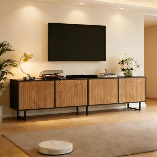 eisaro Mueble bajo para TV de 180 cm con 4 puertas, armario para televisión de hasta 80 pulgadas, moderno mueble bajo con aspecto de madera y negro, aparador de TV con mucho espacio de almacenamiento