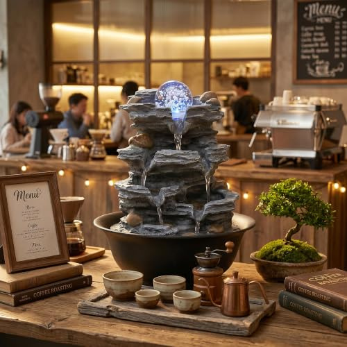 GYMAX Fuente de Interior, Fuente de Mesa con Bola de Cristal giratoria e iluminación LED de Colores, pequeña Fuente Zen, Juego de Agua Decorativo, 21,5 x 21,5 x 26 cm (Estilo 1 + con Bola de Cristal)