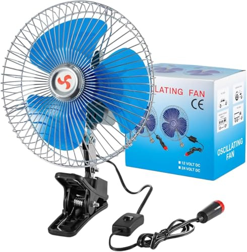 Ventilador de coche oscilante portátil de 8 pulgadas y 12 V con clip, ventilador de aire portátil de metal silencioso con clip, giratorio de 180°, montado en la pared y portátil, o coche camión SUV