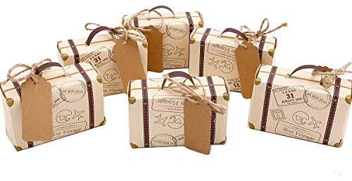 HAKACC Mini-Koffer-Geschenkbox, Partyzubehör, Süßigkeiten-Box, Vintage-Kraftpapier mit Etiketten und Jute-Schnur für Hochzeit, Reisen, Motto-Party, Brautparty, Dekoration, 50 Stück