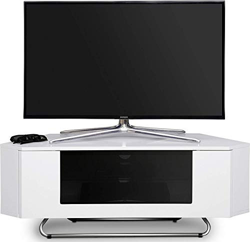 Homeology Supports Hampshire Corner-Friendly Gloss White with Black Glass Beam-Thru Remote Friendly Door 26-50 Flat Screen TV Cabinet
